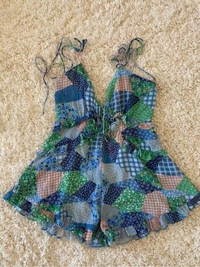 For Love and Lemons Patchwork Blue & Green Ruffle  Romper